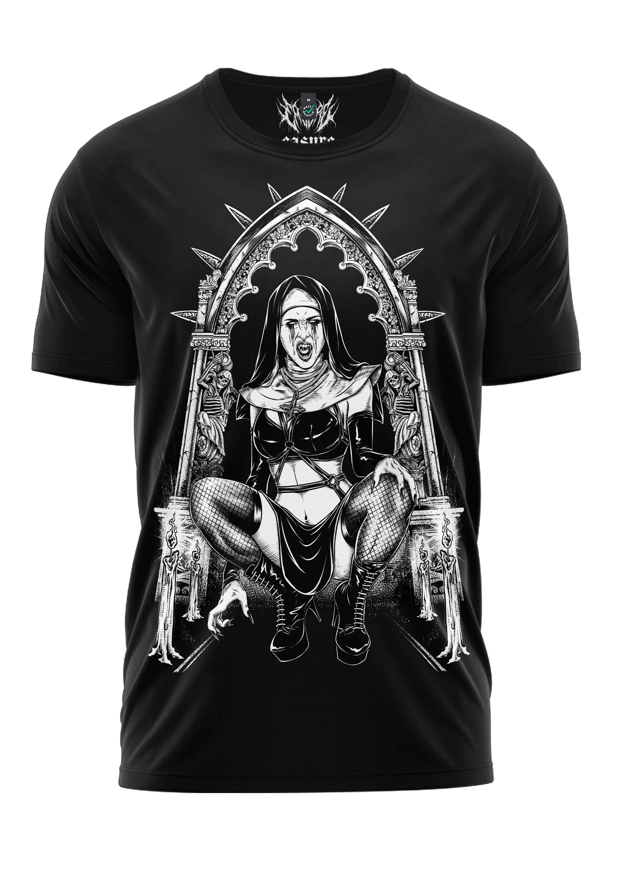 Schwarzes gothic t-shirt vampire nun mit detaillierter schwarz-weißer horror grafik einer nonne in gotischem bogen